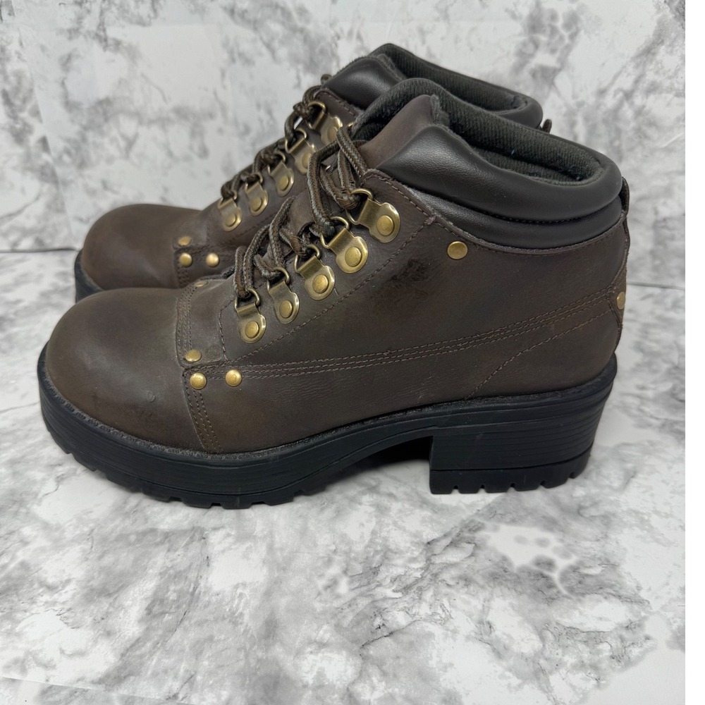 VTG 90s Fashion Bug 🤎Chunky Platform Boots Brown Hiker Grunge Y2K Gorpcore 8.5 - Picture 2 of 10